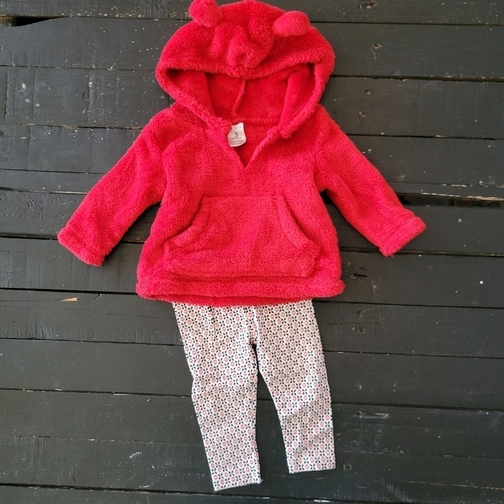 Carter's NWOT Baby Girl 3 Months Red Fuzzy Hoodie Black & White Leggings Outfit